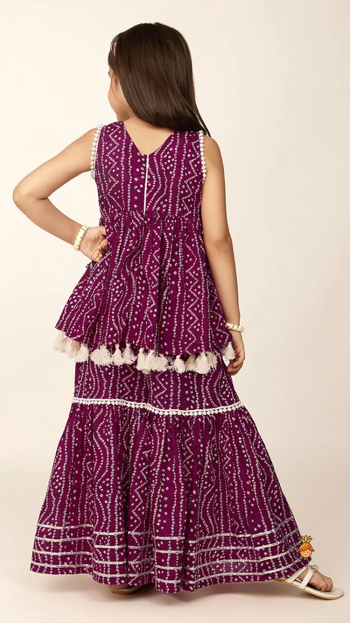 Outlet Gota Lace Work Yoke Bandhani Printed Fringes Purple Top And Sharara Ethnic Wear | Palazzos & Shararas