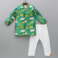 Clearance Green Animal Printed Sherwani With Pyjama BOY Indian Ethnic Wear | Sherwani Sets