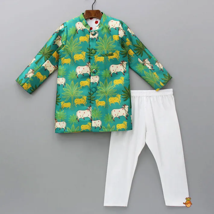 Clearance Green Animal Printed Sherwani With Pyjama BOY Indian Ethnic Wear | Sherwani Sets