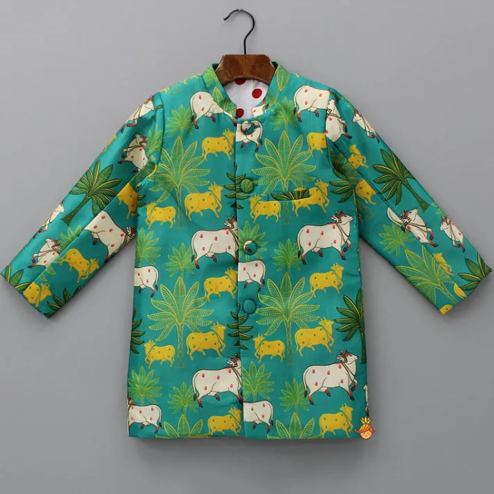 Clearance Green Animal Printed Sherwani With Pyjama BOY Indian Ethnic Wear | Sherwani Sets