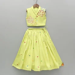 Fashion Green Artificial Flowers Embellished Top And Embroidered Lehenga Ethnic Wear | Lehengas & Ghagras