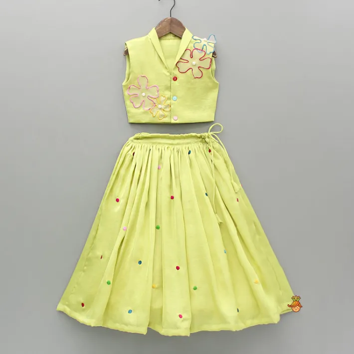 Fashion Green Artificial Flowers Embellished Top And Embroidered Lehenga Ethnic Wear | Lehengas & Ghagras