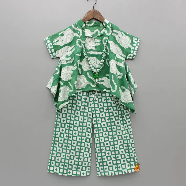 Sale Green Asymmetric Printed Top With Palazzo And Matching Necklace Ethnic Wear | Palazzos & Shararas