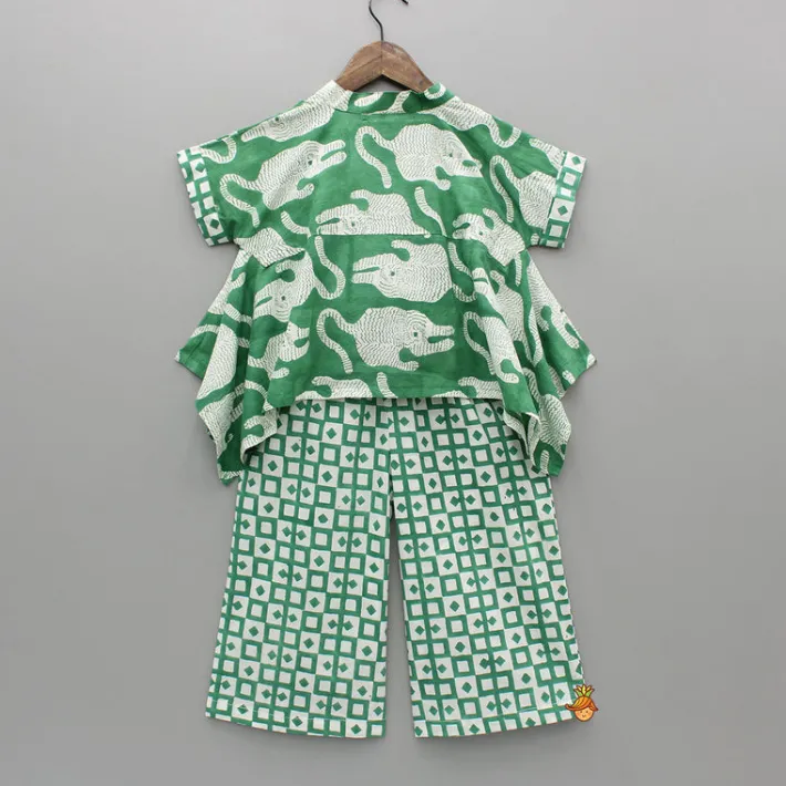 Sale Green Asymmetric Printed Top With Palazzo And Matching Necklace Ethnic Wear | Palazzos & Shararas