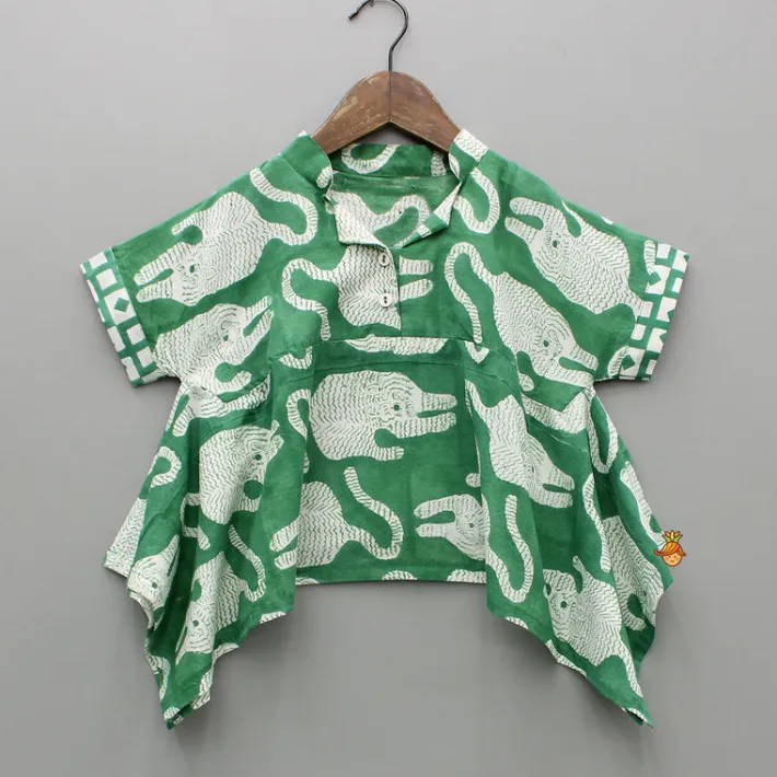Sale Green Asymmetric Printed Top With Palazzo And Matching Necklace Ethnic Wear | Palazzos & Shararas