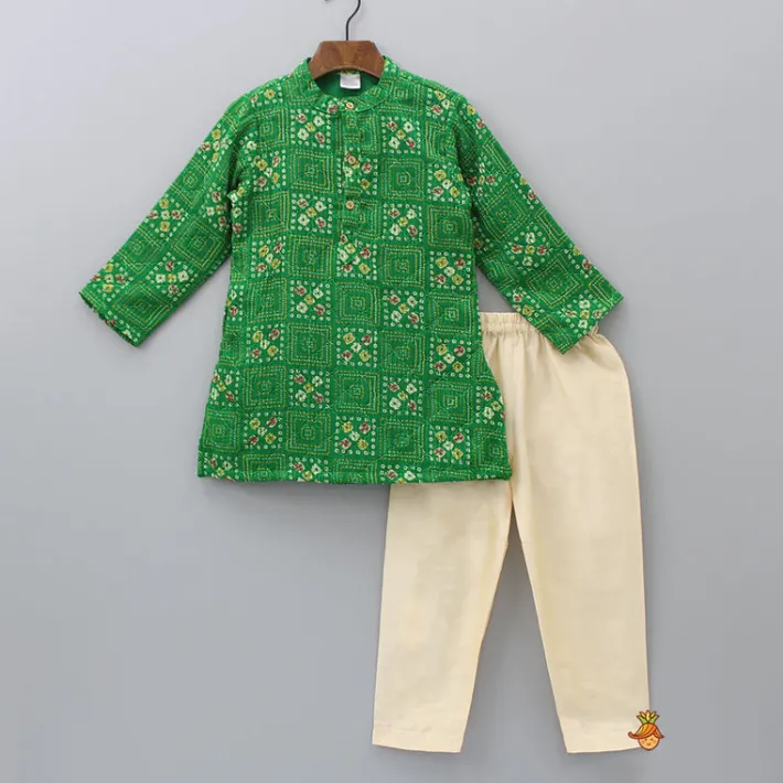 Fashion Green Bandhani Printed Kurta With Beige Pyjama BOY Indian Ethnic Wear | Ethnic Sets