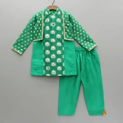 Clearance Green Chanderi Kurta With Attached Flap And Pyjama BOY Indian Ethnic Wear | Ethnic Sets