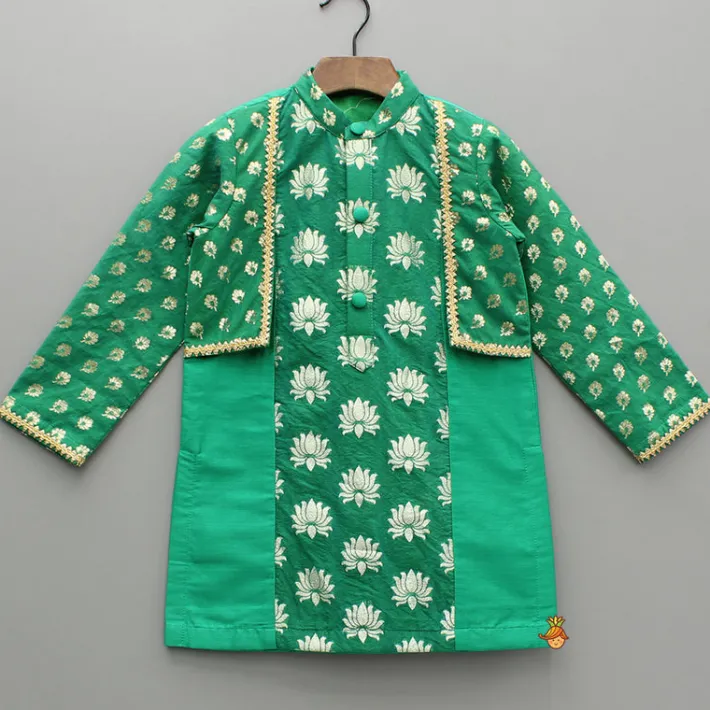 Clearance Green Chanderi Kurta With Attached Flap And Pyjama BOY Indian Ethnic Wear | Ethnic Sets