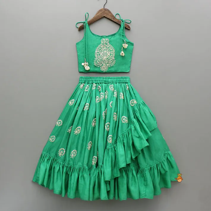 Clearance Green Dori Embroidered Strappy Top And Stylish Layered Lehenga Ethnic Wear | Lehengas & Ghagras