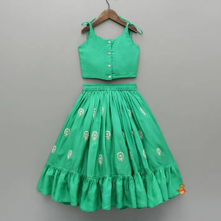 Clearance Green Dori Embroidered Strappy Top And Stylish Layered Lehenga Ethnic Wear | Lehengas & Ghagras