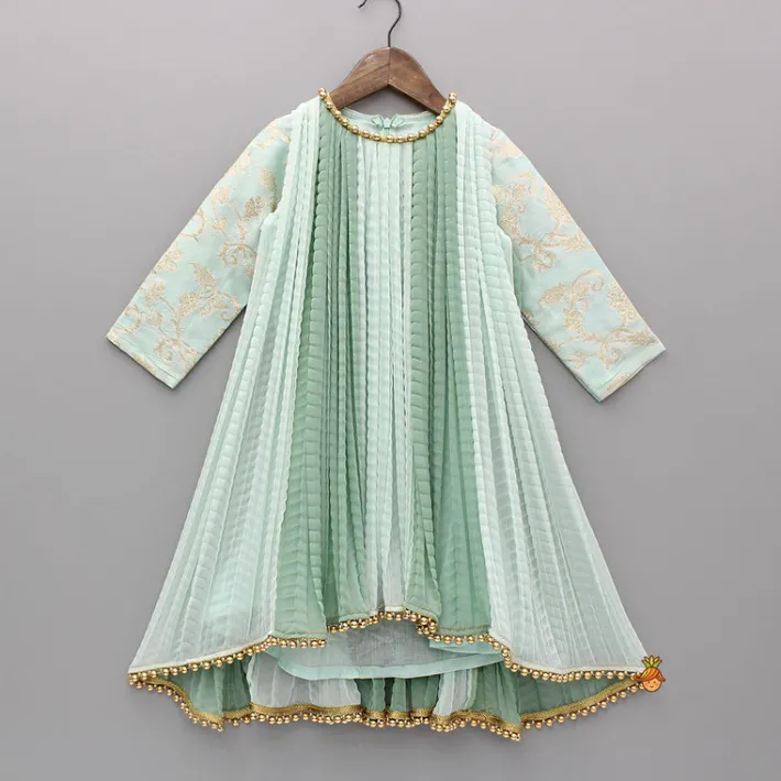 Best Green Dual Tone Embroidered Sleeves High Low Kurti Ethnic Wear | Kurtis & Jumpsuits