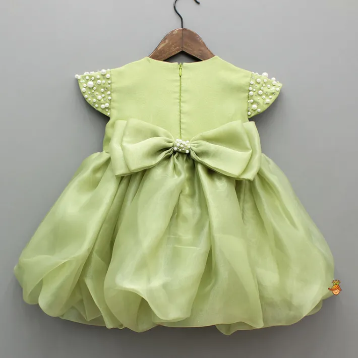 New Green Embellished Dress With Detachable Bow Dresses & Sets | Dresses
