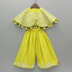 New Green Embroidered And Embellished Cape Attached Top With Flared Palazzo Ethnic Wear | Palazzos & Shararas