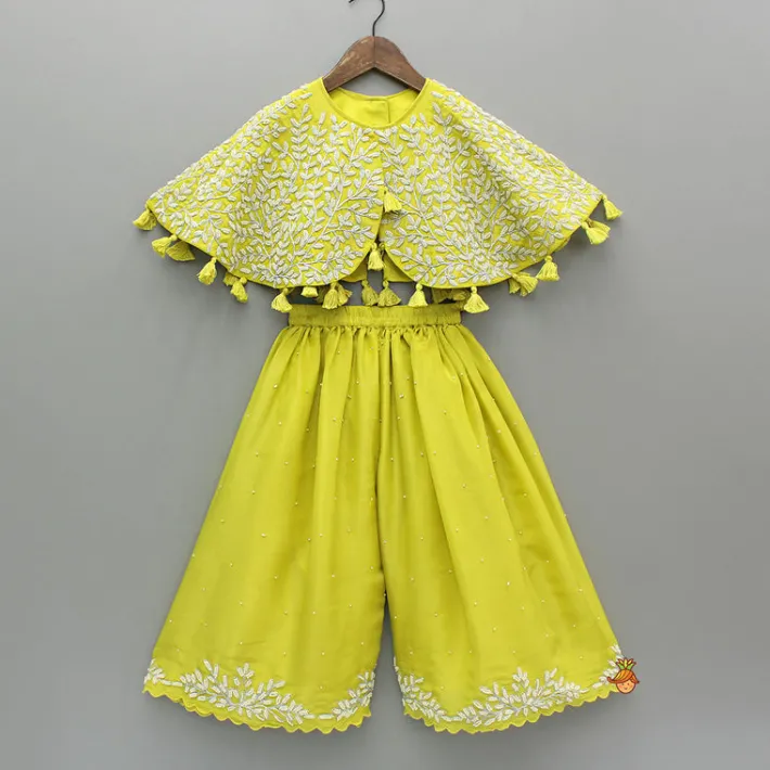 New Green Embroidered And Embellished Cape Attached Top With Flared Palazzo Ethnic Wear | Palazzos & Shararas