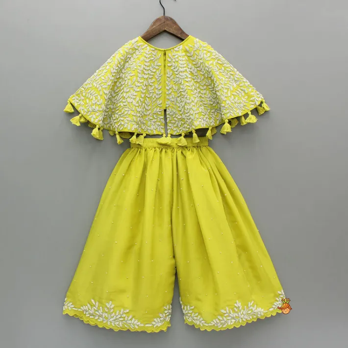 New Green Embroidered And Embellished Cape Attached Top With Flared Palazzo Ethnic Wear | Palazzos & Shararas
