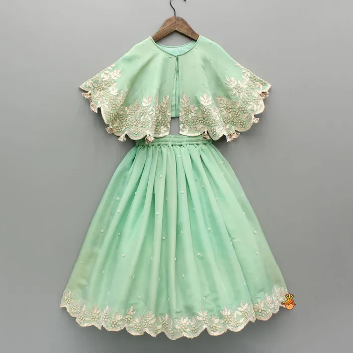 Discount Green Embroidered And Embellished Cape Attached Top With Flared Lehenga Ethnic Wear | Lehengas & Ghagras