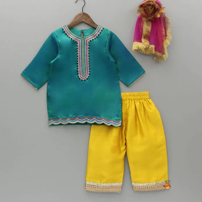 New Green Embroidered Kurti And Pant With Dupatta Ethnic Wear | Churidars & Salwars