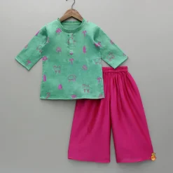 New Green Embroidered Kurti And Flared Palazzo Palazzos & Shararas | Ethnic Wear