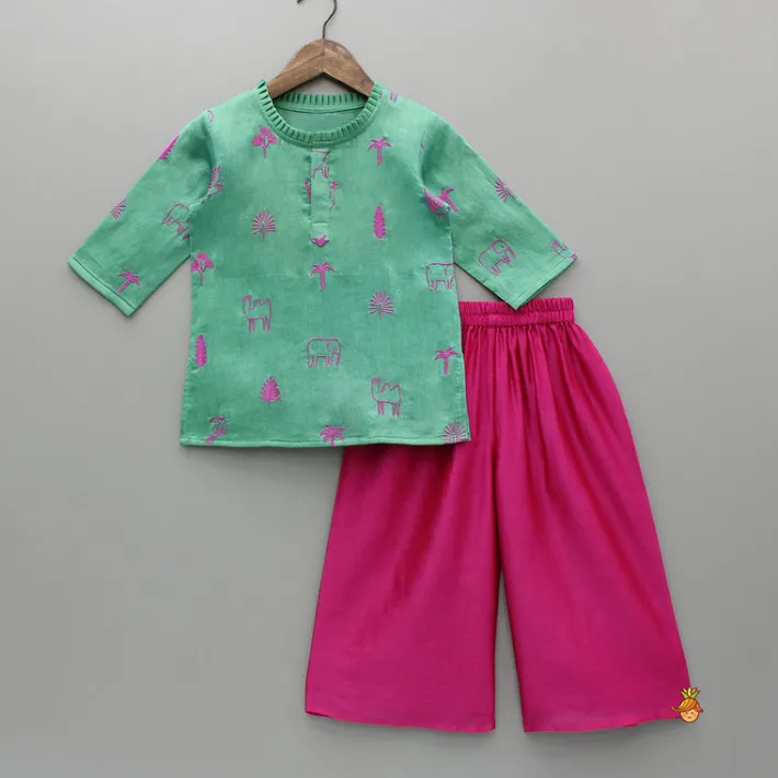 New Green Embroidered Kurti And Flared Palazzo Palazzos & Shararas | Ethnic Wear