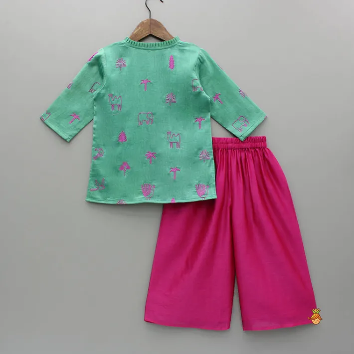 New Green Embroidered Kurti And Flared Palazzo Palazzos & Shararas | Ethnic Wear