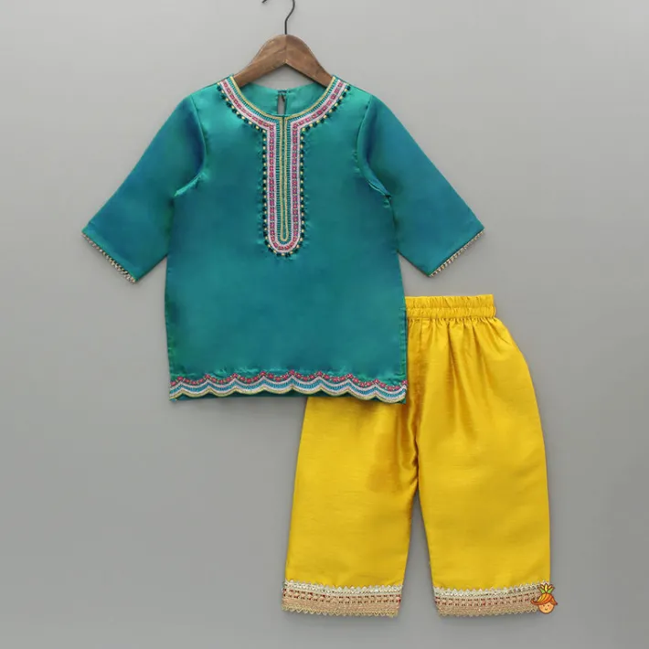 New Green Embroidered Kurti And Pant With Dupatta Ethnic Wear | Churidars & Salwars