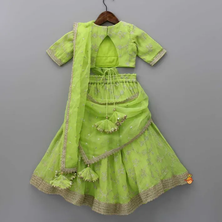 Best Green Embroidered Lacework Top With Lehenga And Attached Dupatta Ethnic Wear | Lehengas & Ghagras