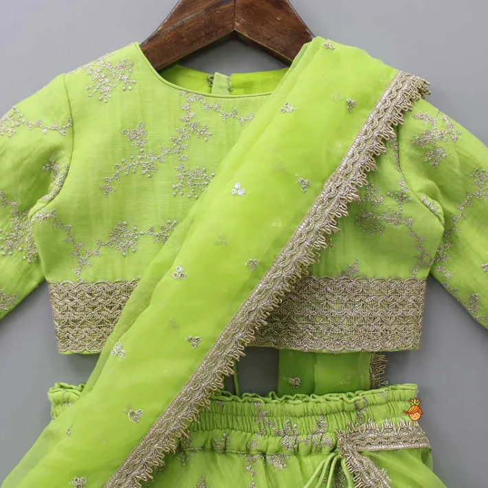 Best Green Embroidered Lacework Top With Lehenga And Attached Dupatta Ethnic Wear | Lehengas & Ghagras