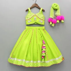 Hot Green Embroidered Strappy Top And Lehenga With Dupatta Ethnic Wear | Lehengas & Ghagras