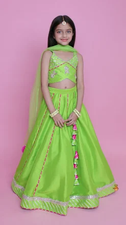 Hot Green Embroidered Strappy Top And Lehenga With Dupatta Ethnic Wear | Lehengas & Ghagras
