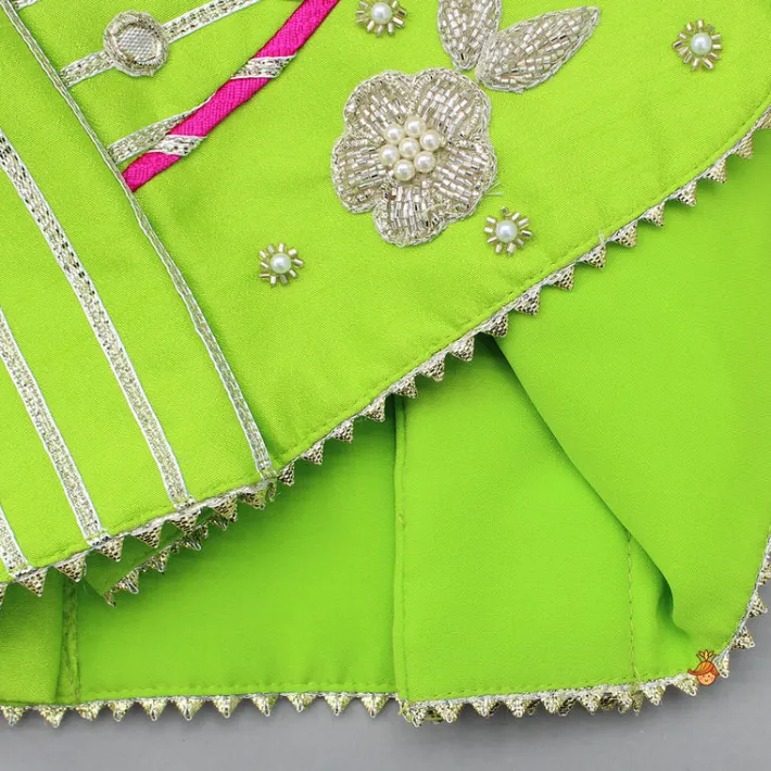 Hot Green Embroidered Strappy Top And Lehenga With Dupatta Ethnic Wear | Lehengas & Ghagras