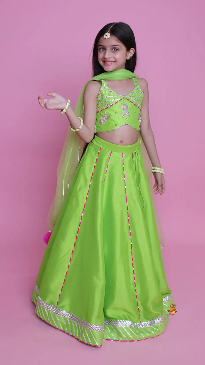 Hot Green Embroidered Strappy Top And Lehenga With Dupatta Ethnic Wear | Lehengas & Ghagras