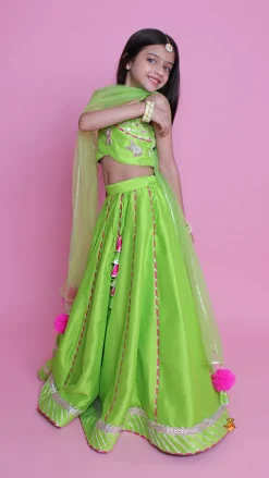 Hot Green Embroidered Strappy Top And Lehenga With Dupatta Ethnic Wear | Lehengas & Ghagras