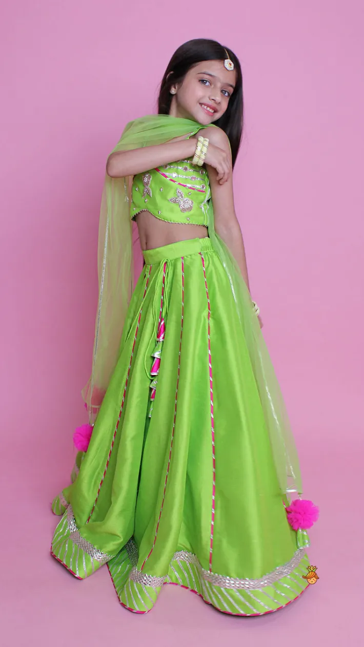 Hot Green Embroidered Strappy Top And Lehenga With Dupatta Ethnic Wear | Lehengas & Ghagras