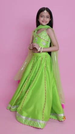 Hot Green Embroidered Strappy Top And Lehenga With Dupatta Ethnic Wear | Lehengas & Ghagras