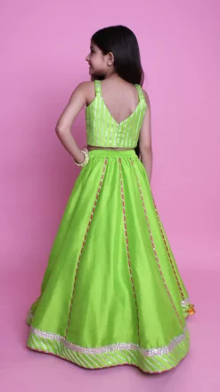 Hot Green Embroidered Strappy Top And Lehenga With Dupatta Ethnic Wear | Lehengas & Ghagras