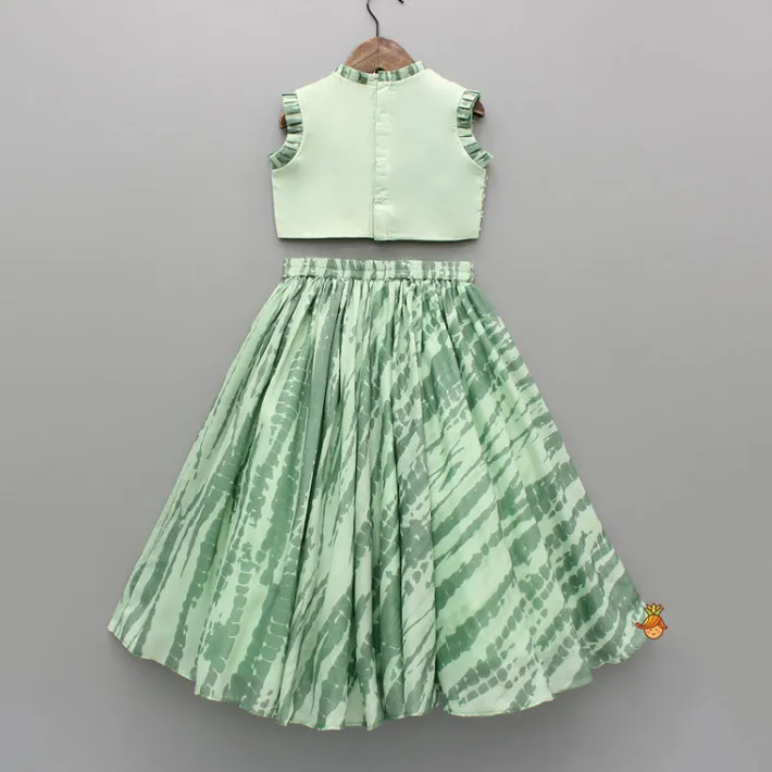 Fashion Green Embroidered Top With Shibori Printed Lehenga And Dupatta Twinning Sets | Ethnic Wear