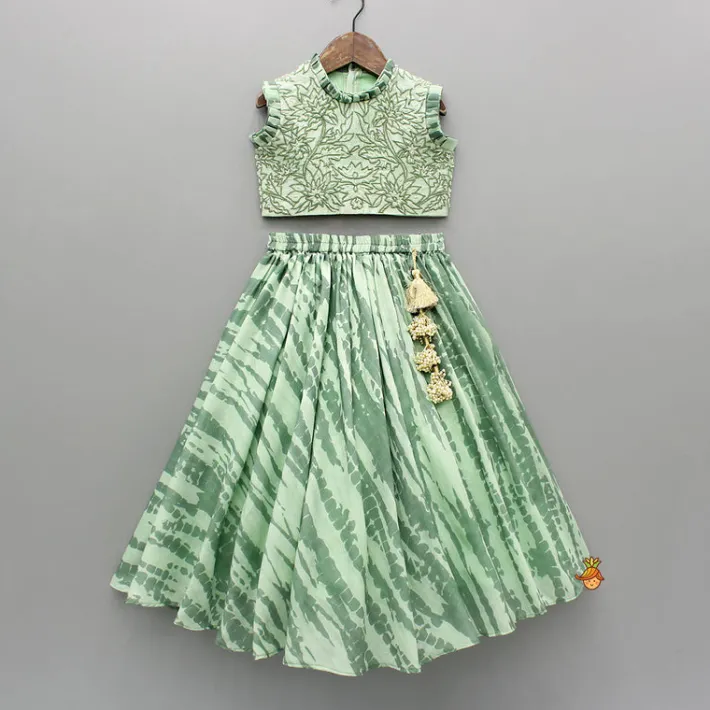 Fashion Green Embroidered Top With Shibori Printed Lehenga And Dupatta Twinning Sets | Ethnic Wear