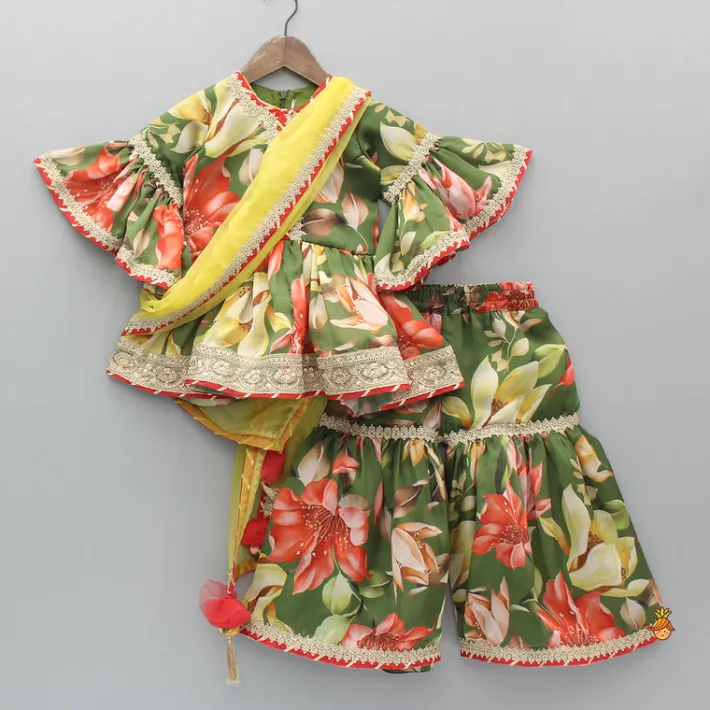 Best Green Floral Printed Kurti With Attached Dupatta And Sharara Ethnic Wear | Palazzos & Shararas