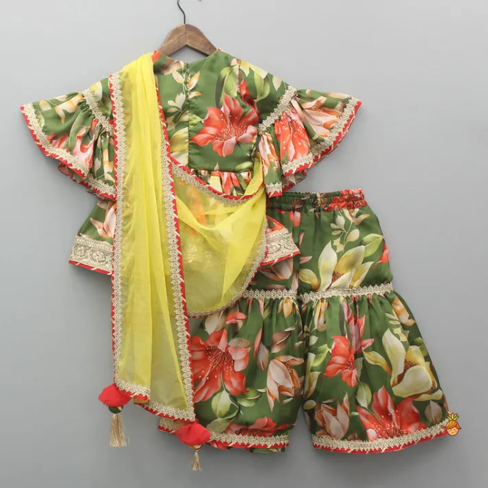 Best Green Floral Printed Kurti With Attached Dupatta And Sharara Ethnic Wear | Palazzos & Shararas