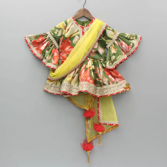 Best Green Floral Printed Kurti With Attached Dupatta And Sharara Ethnic Wear | Palazzos & Shararas