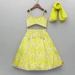 Discount Green Floral Printed Strappy Top And Lehenga With Dupatta Twinning Sets | Ethnic Wear