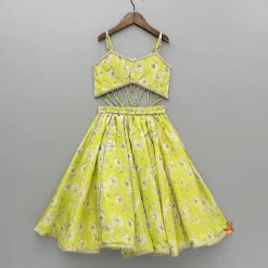 Discount Green Floral Printed Strappy Top And Lehenga With Dupatta Twinning Sets | Ethnic Wear