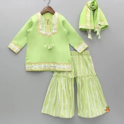 New Green Gota Lace And Faux Mirror Work Kurti With Sharara And Dupatta Ethnic Wear | Palazzos & Shararas