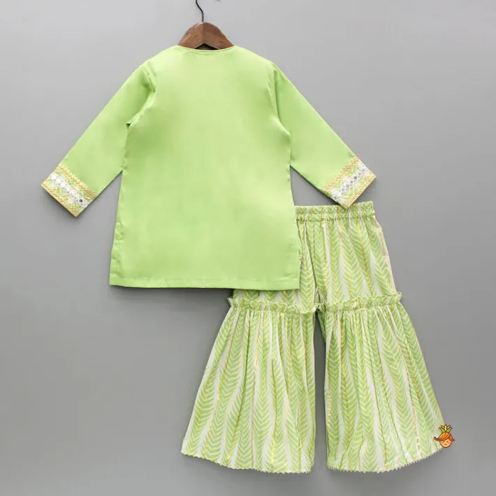 New Green Gota Lace And Faux Mirror Work Kurti With Sharara And Dupatta Ethnic Wear | Palazzos & Shararas