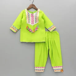 New Green Gota Lace Work Kurti And Salwar With Matching Dupatta Ethnic Wear | Churidars & Salwars