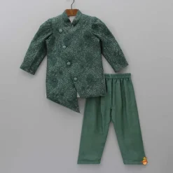 Fashion Green Heavy Thread Embroidered Asymmetric Sherwani And Pyjama BOY Indian Ethnic Wear | Ethnic Sets