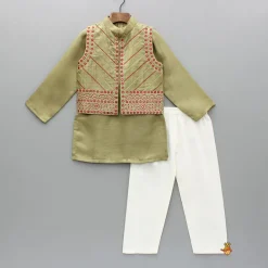Online Green Kurta And Embroidered Jacket With Pyjama BOY Indian Ethnic Wear | Ethnic Sets
