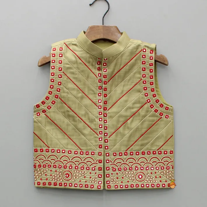 Online Green Kurta And Embroidered Jacket With Pyjama BOY Indian Ethnic Wear | Ethnic Sets