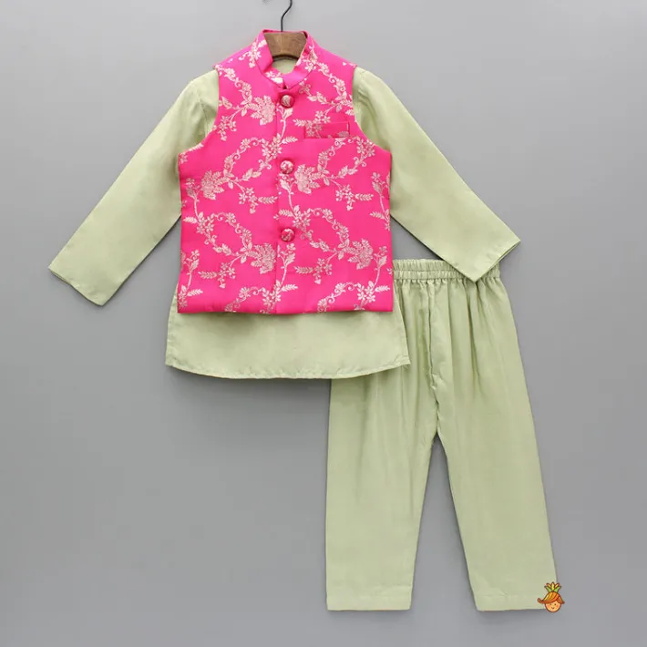 Discount Green Kurta And Pink Embroidered Jacket With Pyjama BOY Indian Ethnic Wear | Ethnic Sets