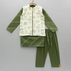 Sale Green Kurta And Printed Jacket With Pyjama BOY Indian Ethnic Wear | Ethnic Sets